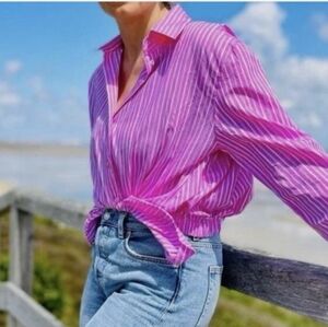 ZARA WOMEN'S ASYMMETRICAL PINK WHITE STRIPED OVERSIZED BUTTON DOWN LONG SLEEVE